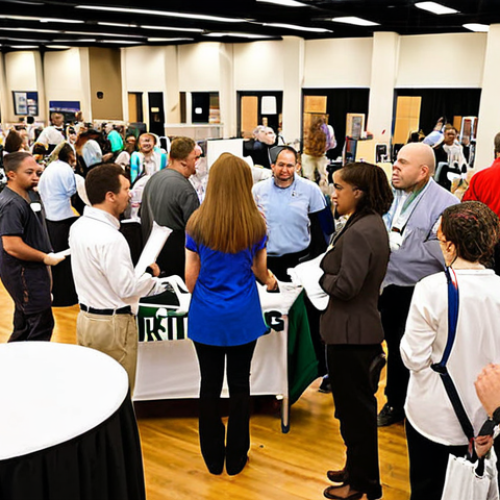 Home 7 **Job Fair for Physical Therapists**: Create an image of a bustling job fair specifically for physical therapists, featuring various booths from different companies. Include professionals in conversation, resumes being exchanged, and a diverse group of attendees engaged in discussions about job opportunities.