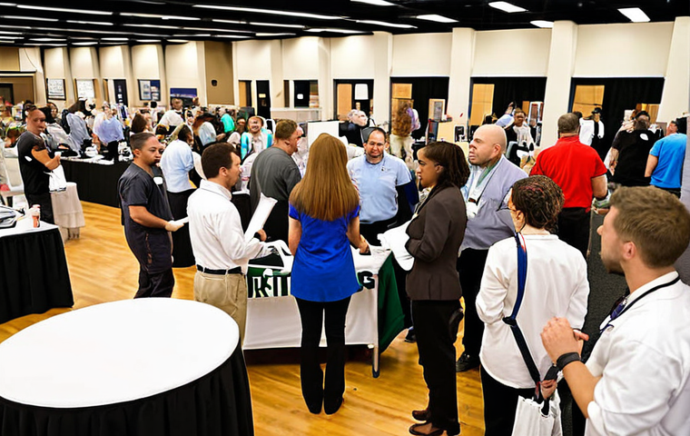 **Job Fair for Physical Therapists**: Create an image of a bustling job fair specifically for physical therapists, featuring various booths from different companies. Include professionals in conversation, resumes being exchanged, and a diverse group of attendees engaged in discussions about job opportunities.