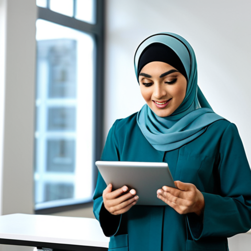 Modern Doctor's Office**

A friendly female doctor in a clean, modern office setting, fully clothed in modest professional attire (hijab optional). She's reviewing patient files on a tablet. Include medical charts and equipment in the background, subtly blurred. Perfect anatomy, natural proportions, safe for work, appropriate content, professional.

**