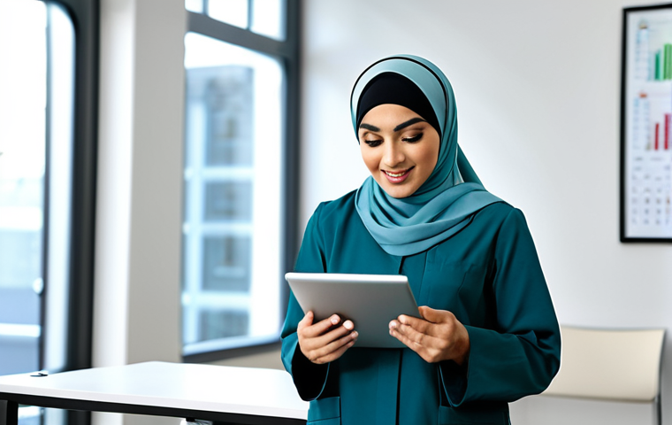 Modern Doctor's Office**
A friendly female doctor in a clean, modern office setting, fully clothed in modest professional attire (hijab optional). She's reviewing patient files on a tablet. Include medical charts and equipment in the background, subtly blurred. Perfect anatomy, natural proportions, safe for work, appropriate content, professional.
**