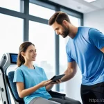 물리치료사의 최신 임상 기술 도입 - **Prompt:** A young adult patient, male or female, dressed in comfortable athletic wear like legging...