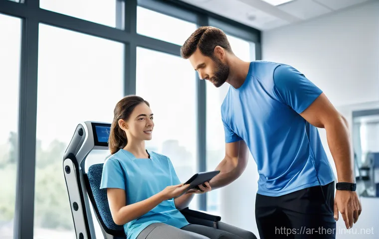 물리치료사의 최신 임상 기술 도입 - **Prompt:** A young adult patient, male or female, dressed in comfortable athletic wear like legging...